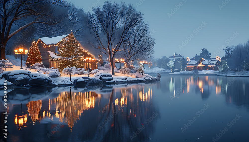 Fototapeta premium serene winter lake scene with festive lights and reflections