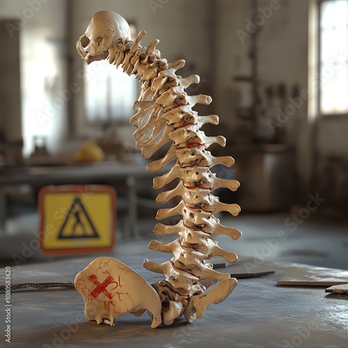 Capture a tilted angle view of a fragile human spine, emphasizing thinning bones and caution signs in a realistic 3D style