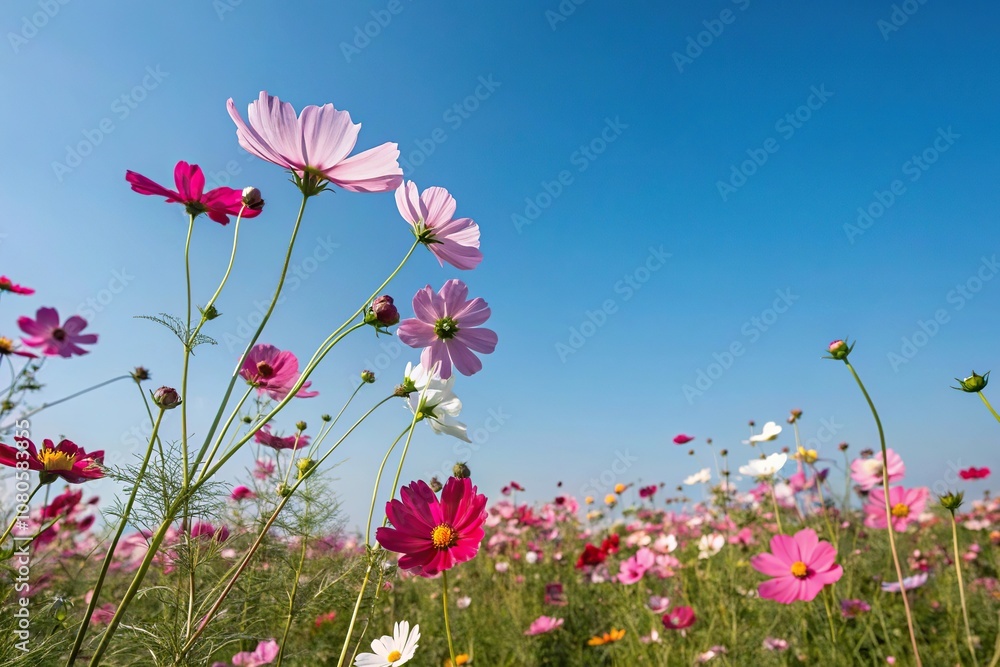 Cosmos flowers blooming in every color of the rainbow against a clear blue sky, scenery, flora, blue sky, outdoor scene Cosmos flowers blooming in every color of the rainbow against a clear blue sky, scenery, flora, blue sky, outdoor scene
