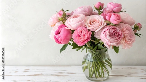 Fresh pink peonies and roses arranged in a vase, summer, flowers, blooms, botanical, petals