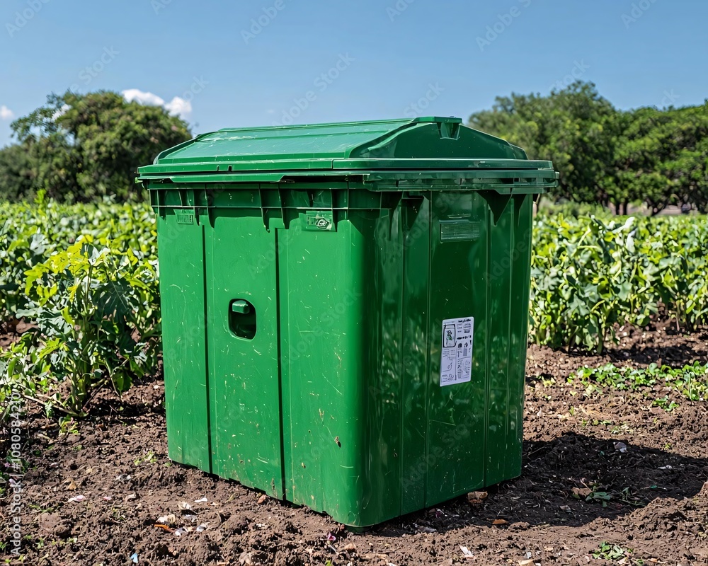 A green waste bin among crops, highlighting sustainable waste management in agricultural fields. A green waste bin among crops, highlighting sustainable waste management in agricultural fields.