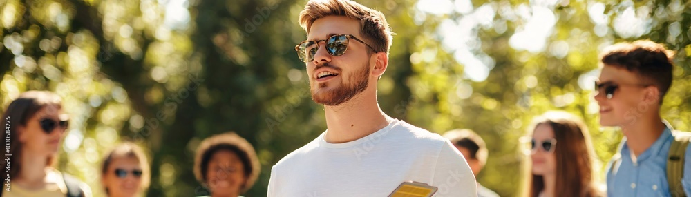 A group of young people enjoying a sunny day outdoors, embodying friendship and leisure in a vibrant atmosphere. A group of young people enjoying a sunny day outdoors, embodying friendship and leisure in a vibrant atmosphere.