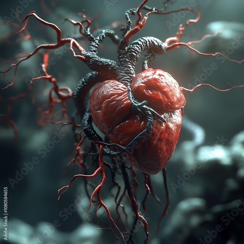 Craft a 3D rendering at eye level showcasing the internal effects of hypertension
