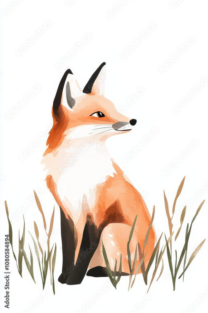 Obraz premium A watercolor illustration of a sitting fox amidst tall grass, showcasing vibrant orange and white tones, perfect for nature and wildlife themes.