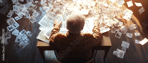 Craft a digital 3D image of a disoriented elderly person surrounded by scattered memories, viewed at a tilted angle, depicting Alzheimers Disease with meticulous detail