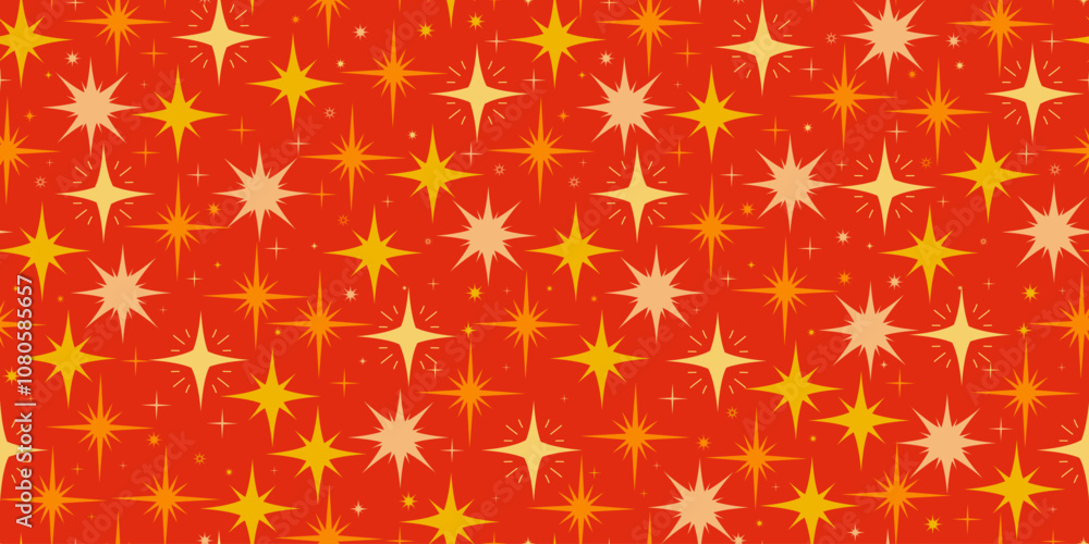 Star Seamless Pattern with Flat Sparkes Symbols on a Red Background. Cute design with glowing lights. Modern holiday design with different star shapes Star Seamless Pattern with Flat Sparkes Symbols on a Red Background. Cute design with glowing lights. Modern holiday design with different star shapes