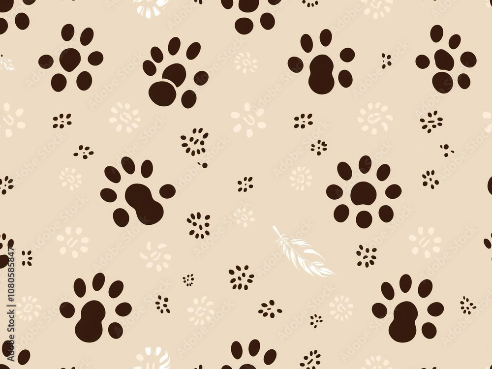 Fototapeta premium Seamless animal tracks and feathers pattern, wildlife, moss, bird tracks