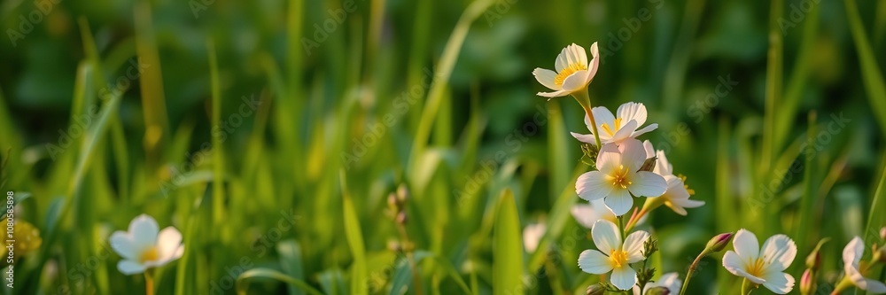 softly blooming evening primrose in a lush green meadow, serene landscape, quiet morning softly blooming evening primrose in a lush green meadow, serene landscape, quiet morning