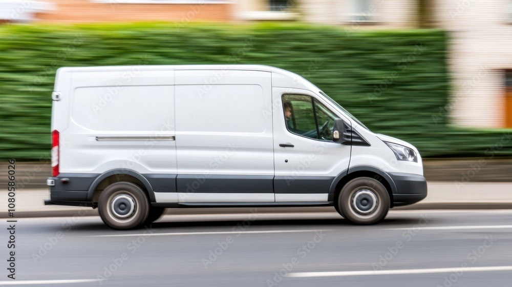 A white delivery van drives swiftly along a city street, emphasizing urban logistics and transportation efficiency.