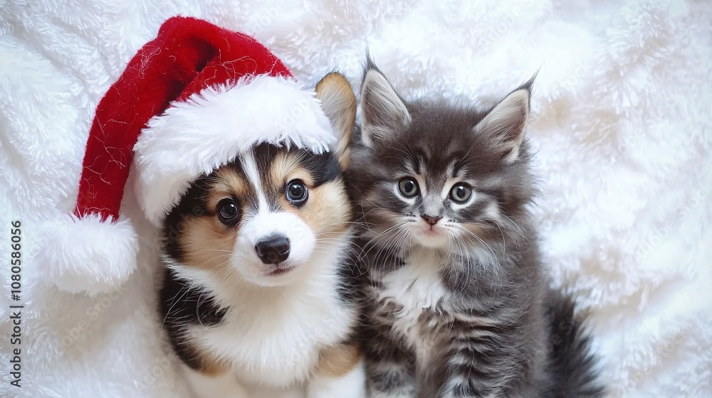 Merry Duo: Corgi Puppy and Kitten Embrace Holiday Spirit Merry Duo: Corgi Puppy and Kitten Embrace Holiday Spirit