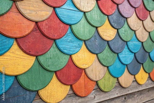 Wallpaper Mural Vibrant colored scales forming a mosaic pattern on an abstract wood texture background, flooring design, decorative accent, architectural detail Torontodigital.ca