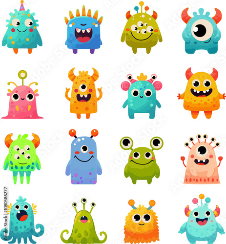 Set of 16 Funny Colorful Monsters - Kids Illustration Clipart