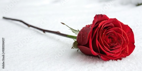 A stunning red rose situated elegantly on a pristine white surface with a slender black stalk attached to its base, botanical art, black stem, solo bloom, elegant flower