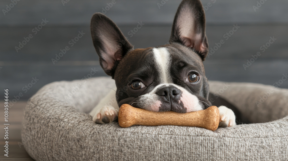 A playful dog rests comfortably in cozy bed, holding chew bone in its mouth, exuding sense of contentment and joy A playful dog rests comfortably in cozy bed, holding chew bone in its mouth, exuding sense of contentment and joy