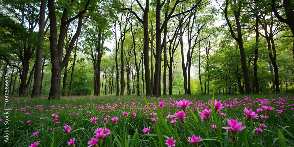 Dense forest canopy with tall trees standing amidst a sea of lush green grass and vibrant pink flowers swaying gently in the breeze, peaceful, outdoors, nature Dense forest canopy with tall trees standing amidst a sea of lush green grass and vibrant pink flowers swaying gently in the breeze, peaceful, outdoors, nature