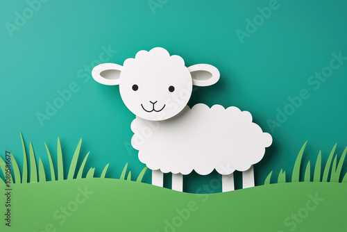 Cute paper-cut style sheep standing in green grass against a teal background, perfect for children's themes, farm illustrations, and pastoral designs. photo