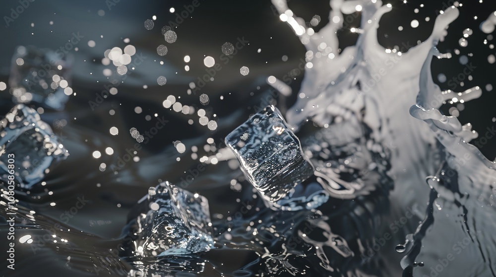 Ice Cubes and Water Splashes - a refreshing and dynamic visual. The ice cubes combined with water splashes create an invigorating and lively scene. Ice Cubes and Water Splashes - a refreshing and dynamic visual. The ice cubes combined with water splashes create an invigorating and lively scene.