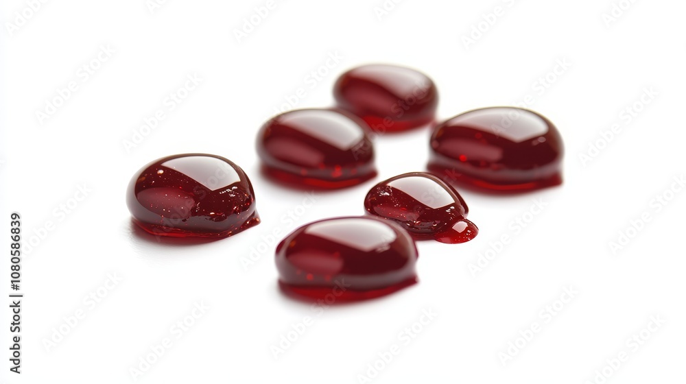 Close-Up of Glossy Red Liquid Drops on White Surface for Use in Creative Projects, Illustrations, Graphic Design, and Food Photography Close-Up of Glossy Red Liquid Drops on White Surface for Use in Creative Projects, Illustrations, Graphic Design, and Food Photography