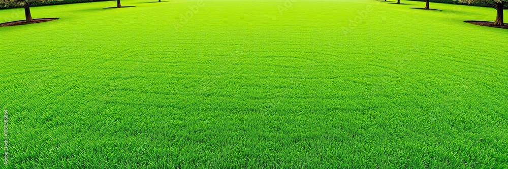 Lush green grass lawn with a few trees scattered around the perimeter, verdant grass, natural settings Lush green grass lawn with a few trees scattered around the perimeter, verdant grass, natural settings