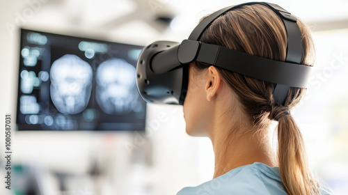 A woman wearing virtual reality headset is engaged in medical environment, observing brain scans on screen. This innovative technology enhances her understanding of complex data