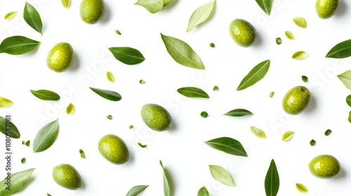 Fresh Green Olives and Leaves on White Background Creating an Inviting and Healthy Culinary Aesthetics for Cooking and Food Photography Use