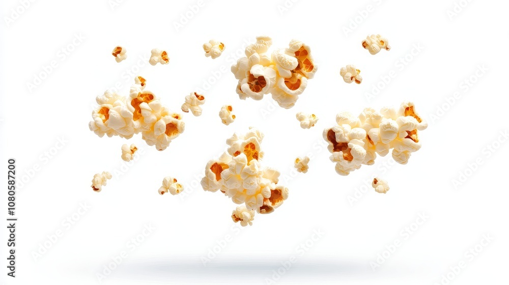 Floating Popcorn Kernels in Mid-Air on a Clean White Background, Perfect for Food or Snack-Themed Projects and Designs, Cooking Tips, or Movie Night Promotions Floating Popcorn Kernels in Mid-Air on a Clean White Background, Perfect for Food or Snack-Themed Projects and Designs, Cooking Tips, or Movie Night Promotions