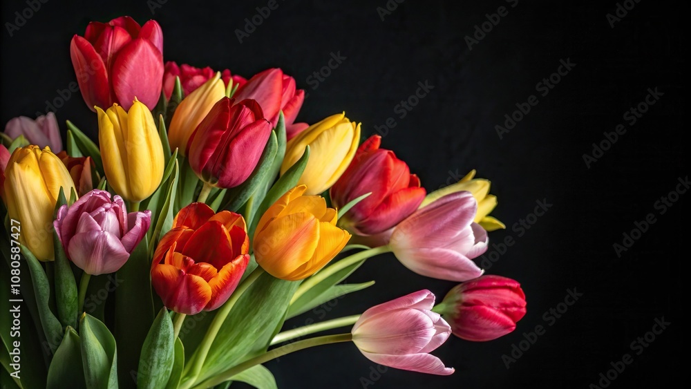 Vibrant tulips in a bouquet with shades of red, yellow, orange and pink against a dark black background, vibrant colors, flower arrangement, floral arrangement, blooming flowers Vibrant tulips in a bouquet with shades of red, yellow, orange and pink against a dark black background, vibrant colors, flower arrangement, floral arrangement, blooming flowers