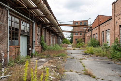 A neglected and worn-down industrial area with exposed pipes and brick walls, peeling paint, concrete, grimy