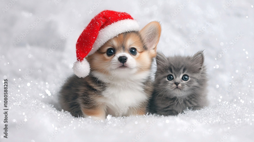 Festive Friendship: Corgi Puppy and Kitten in Santa Hats Festive Friendship: Corgi Puppy and Kitten in Santa Hats