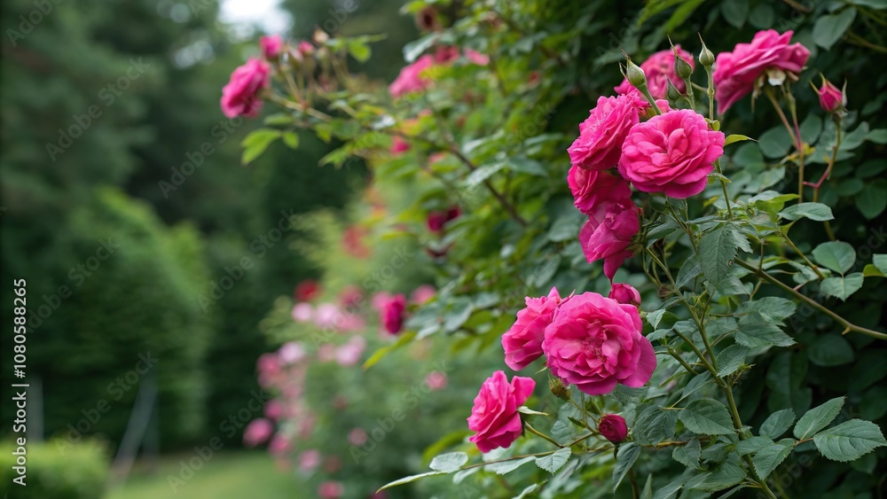 fuchsia colored bush roses against a lush green background, blooming flowers, foliage, outdoor scenery, flowering plants, summer hues fuchsia colored bush roses against a lush green background, blooming flowers, foliage, outdoor scenery, flowering plants, summer hues