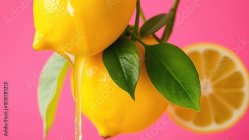 Freshly squeezed lemon juice drips from a ripe yellow lemon with green leaves onto a bright pink background, summervibes, flavor photo