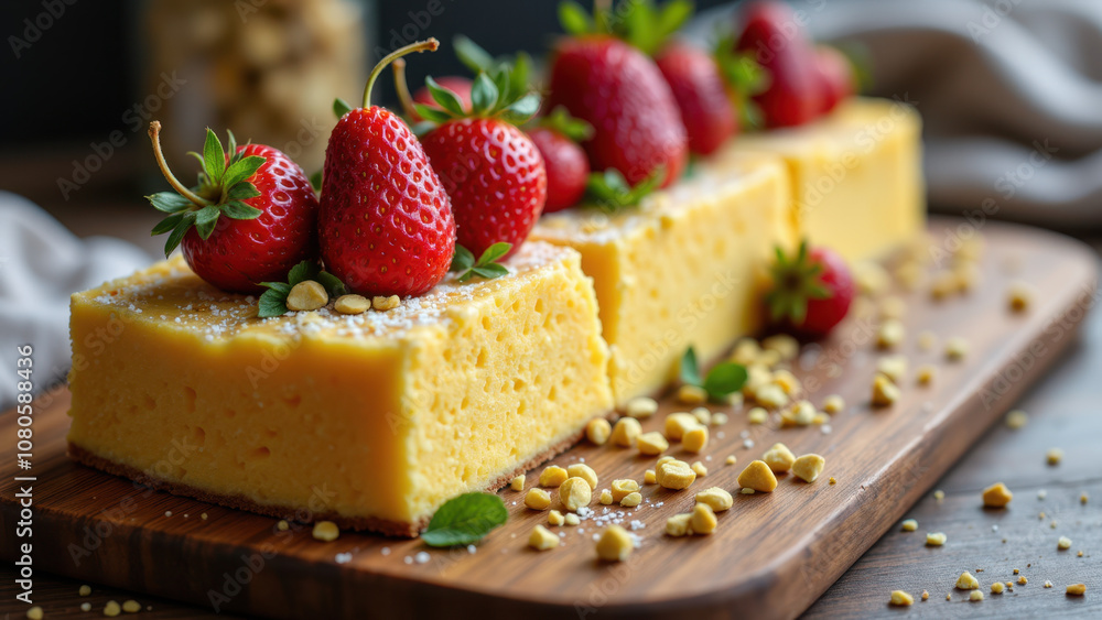 Flaky and delectable Kunafa with a soft, creamy filling, topped with vibrant red strawberries and crunchy nuts, presented on a wooden board. Flaky and delectable Kunafa with a soft, creamy filling, topped with vibrant red strawberries and crunchy nuts, presented on a wooden board.
