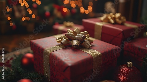 Three red boxes with gold bows on top of them. The boxes are decorated with gold ribbons and are placed on a table. The table is surrounded by Christmas decorations, including a tree