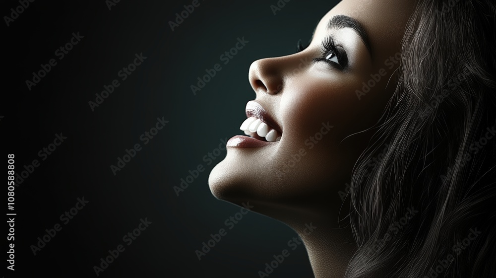 A portrait of the profile of a young woman looking up. Her expression shows joy and delight. A portrait of the profile of a young woman looking up. Her expression shows joy and delight.