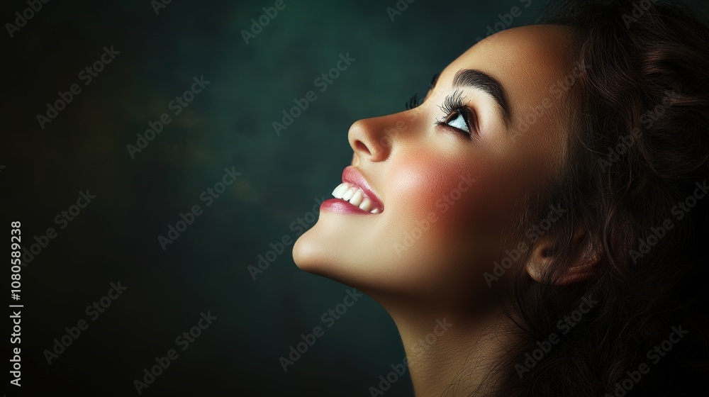 Fototapeta premium A portrait of the profile of a young woman looking up. Her expression shows joy and delight.