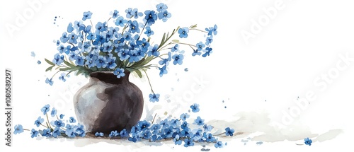 Illustrate a toppled vase of wilting forget-me-not flowers, portraying Alzheimers Disease from a tilted angle in a watercolor style painting