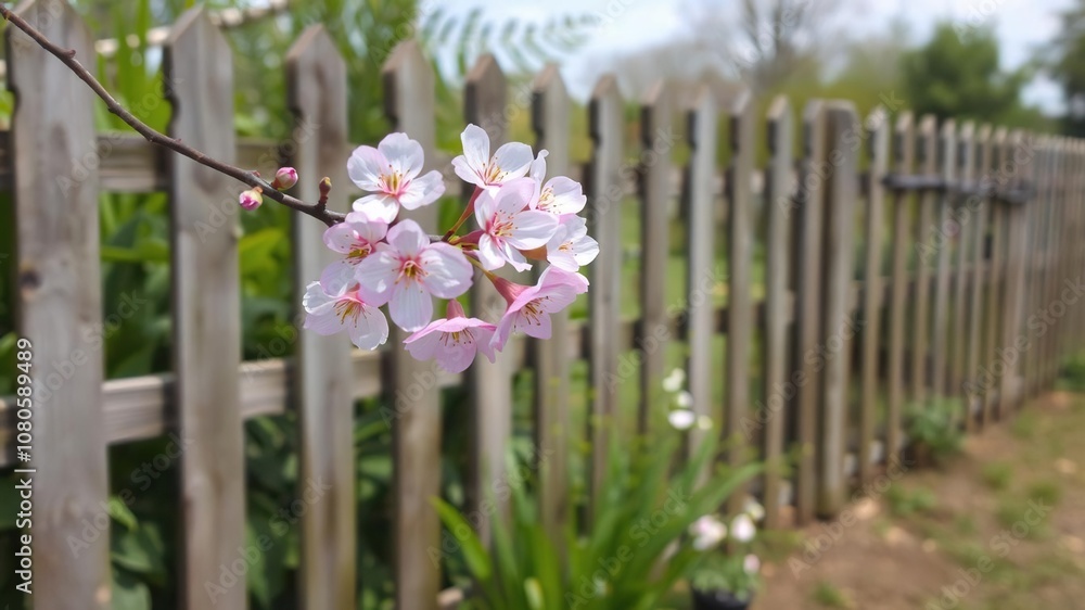 Fototapeta premium A delicate pink cherry blossom branch against a rustic wooden fence in a lush green garden, bloom, lush greenery