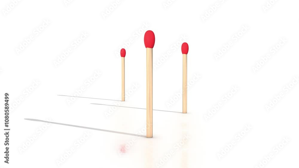 Wooden Matchsticks with Red Tips on a Reflective Floor. Fire Ignition Process. 4K Wooden Matchsticks with Red Tips on a Reflective Floor. Fire Ignition Process. 4K