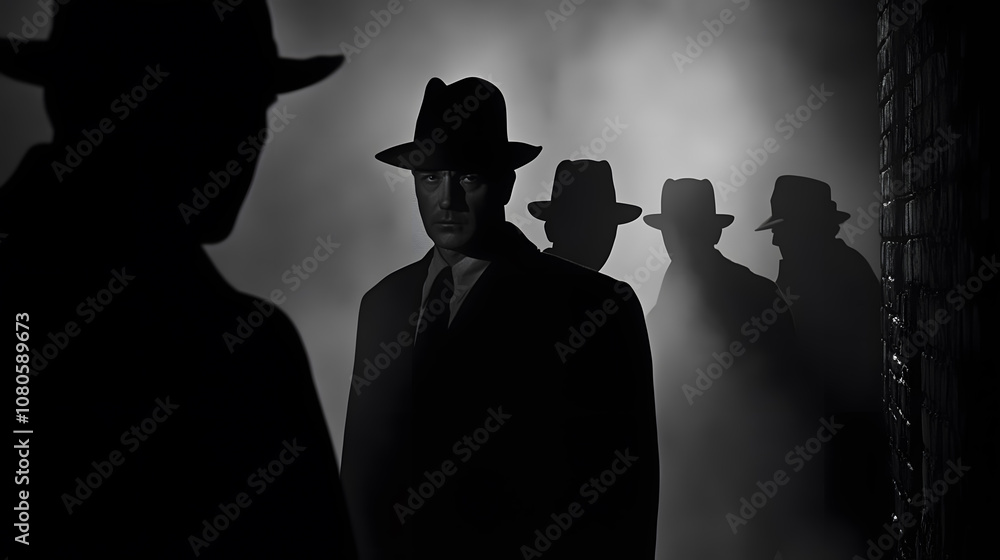 Mysterious Dark Alley Encounter with Multiple Shadows in Noir Style Evoking Suspense and Intrigue in a Classic Black and White Setting Mysterious Dark Alley Encounter with Multiple Shadows in Noir Style Evoking Suspense and Intrigue in a Classic Black and White Setting