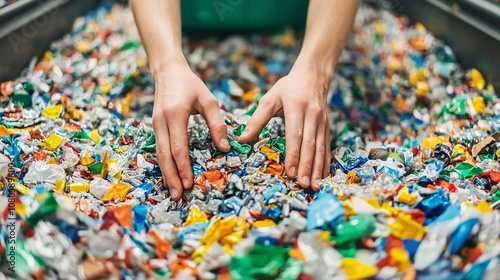 Hands sorting through a collection of colorful recycled plastic materials, emphasizing the importance of recycling.