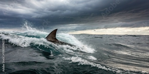 A shark fin sliced through the surface of the ocean on a cloudy day, creating a whirlpool in its wake, oceanographic feature, blue sky, predator, water turbulence