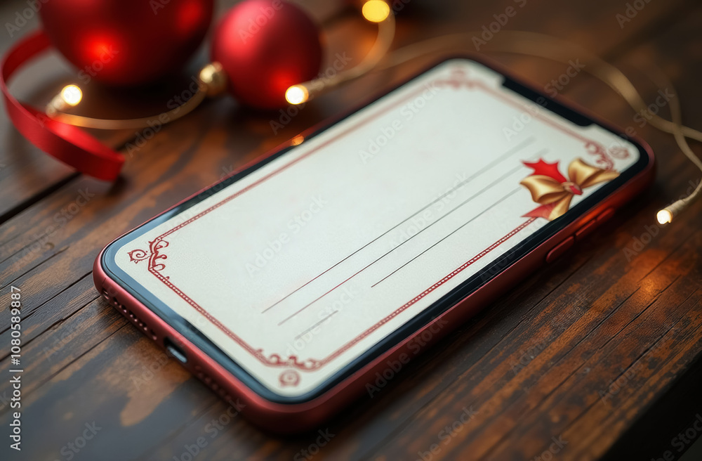 red smartphone on wooden table, christmas background red smartphone on wooden table, christmas background