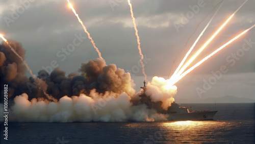 Military Strike, Rockets from Warship to Mountain, Blasts, Smoke, Ocean Turbulence, Under Overcast Sky with Sunbeams.