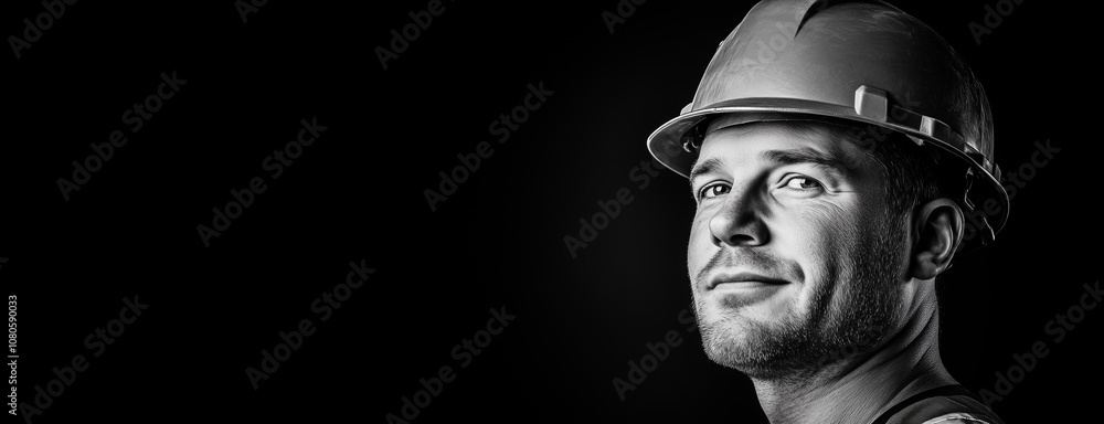 Black and White Portrait of Confident Construction Worker with Hard Hat Banner with Copy Space Black and White Portrait of Confident Construction Worker with Hard Hat Banner with Copy Space