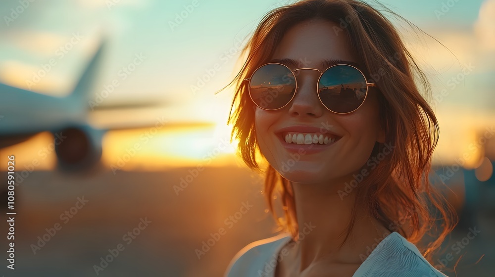 Candid portrait of joyful person in white outfit and round sunglasses at airport, captured with cinematic teal-orange tones against blurred airplane backdrop in warm sunset. Candid portrait of joyful person in white outfit and round sunglasses at airport, captured with cinematic teal-orange tones against blurred airplane backdrop in warm sunset.