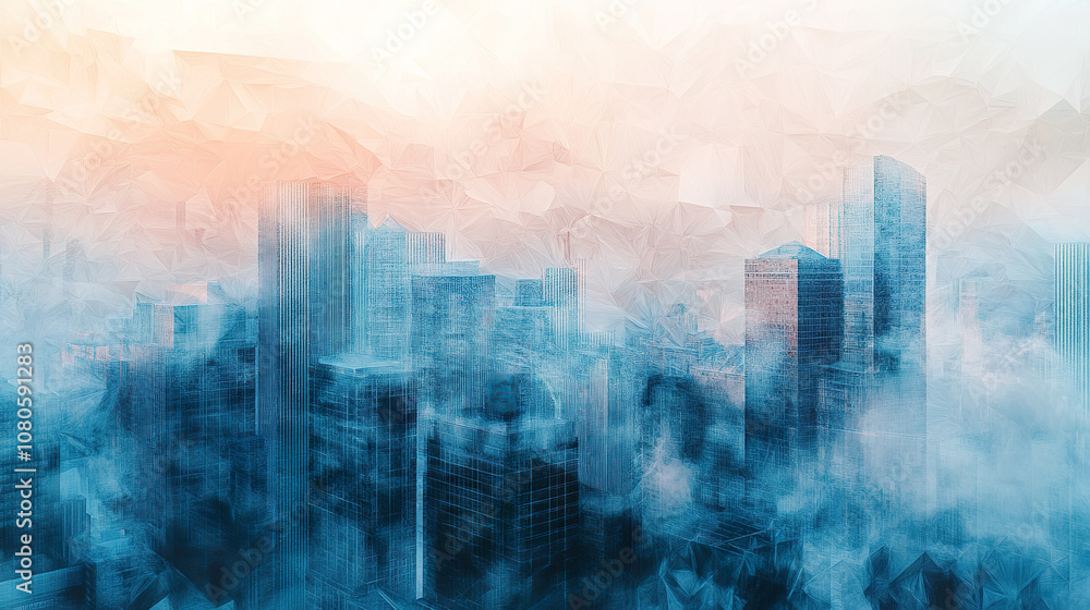 dreamy cityscape with tall skyscrapers emerges through misty, abstract haze, blending geometric shapes and soft colors. dreamy cityscape with tall skyscrapers emerges through misty, abstract haze, blending geometric shapes and soft colors.