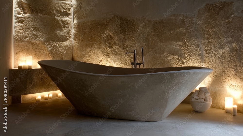 Minimalist stone bathroom with a luxurious freestanding tub, gentle light enhancing the soft gray tones. Minimalist stone bathroom with a luxurious freestanding tub, gentle light enhancing the soft gray tones.