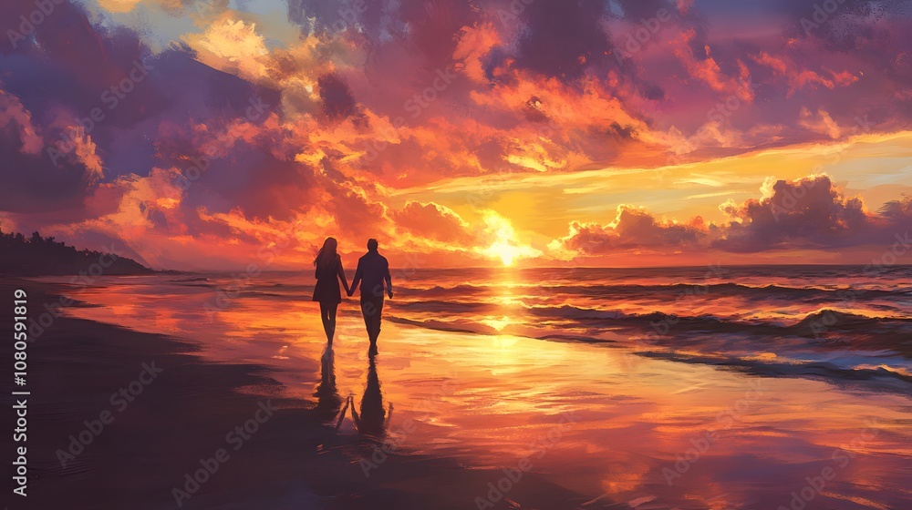 Fototapeta premium Couple walks hand in hand along the beach at sunset