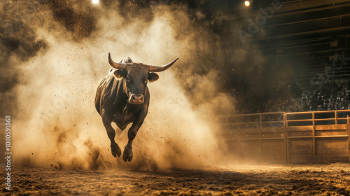 A powerful bull charges through the arena, surrounded by dust, dramatic lighting, and cinematic effects at an evening event photo