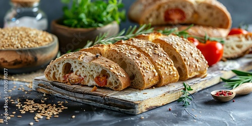 Healthy & Hearty Rustic Breadboard with Whole Grain Bread and Seasonal Fruits, Simple Pleasures Rustic Breadboard with Whole Grain Bread and Sweet Fruits